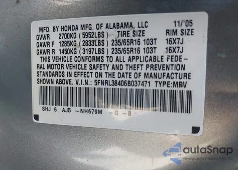 2006 Honda Odyssey Ex из США, поврежденный, VIN 5FNRL38406B037471